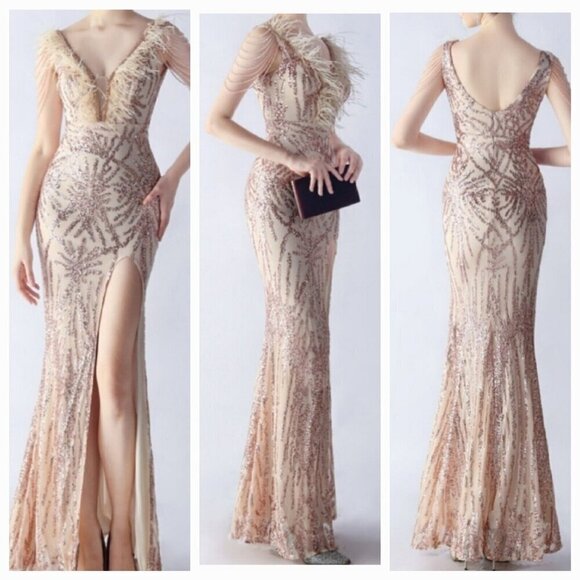 Gold, Geo Print, Ostrich Feather V Neck, Beaded Sleeves, Sequined Mermaid Gown - Picture 2 of 14